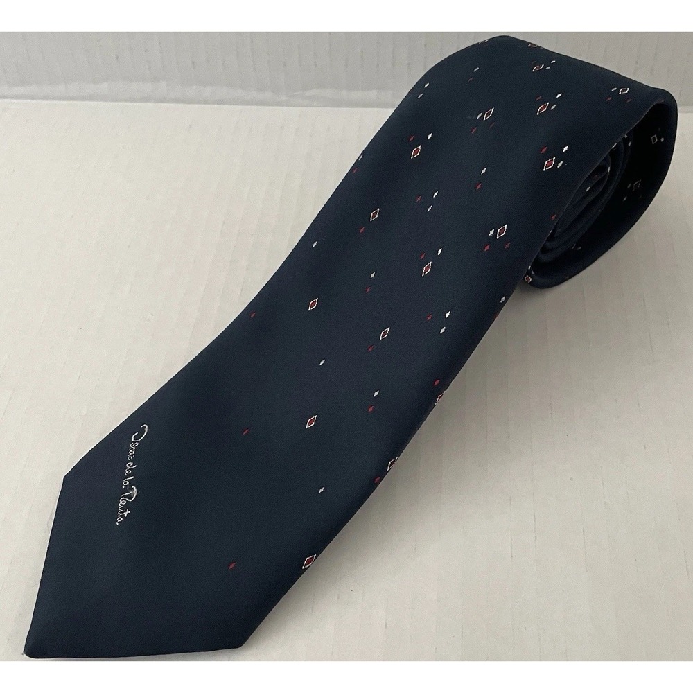 Vintage Oscar de la Renta Mens Tie Navy Blue Geometric Pattern Logo Accents